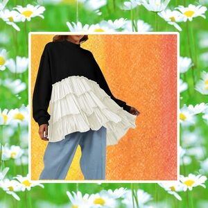 Elegant Black and White Anthropology Ruffled Mixed Media Shirt Women's Top XL